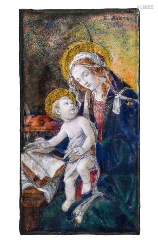 A Limoges enamel plaque, Madonna and Child, signed Balens F....