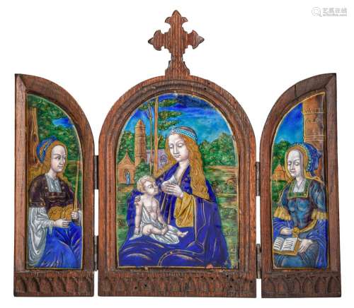 A Limoges enamel triptych, depicting the Madonna and Child, ...