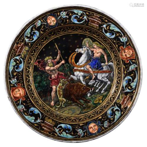 A Limoges enamel plate, depicting Hercules, 19thC, ¯ 21,5 cm