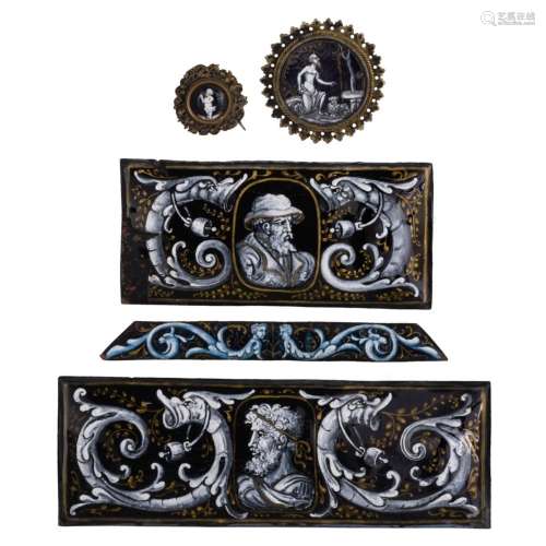 A collection of Limoges grisaille painted enamel moulds, a d...