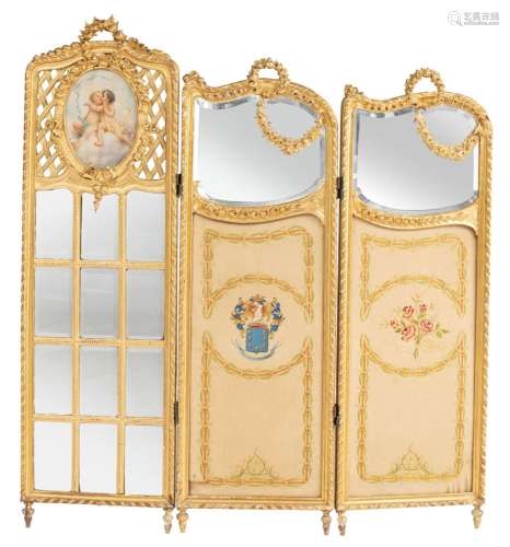 A Louis XVI style gilt wooden fire screen with hand-painted ...