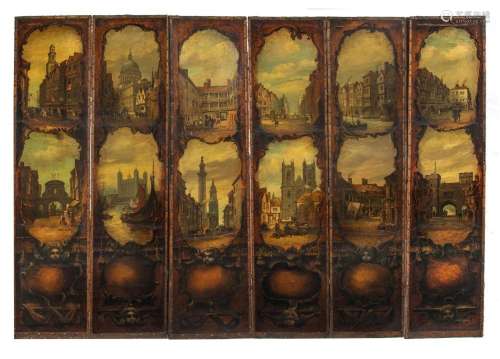 A six-panel screen depicting famous views of London, H 184 -...