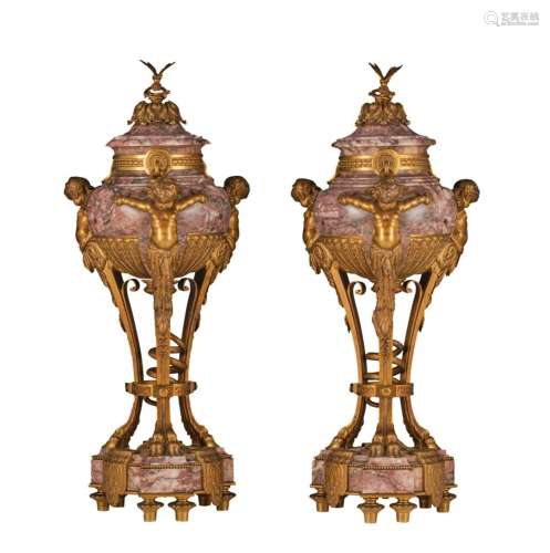 A pair of Neoclassical marble and gilt bronze cassolettes, H...