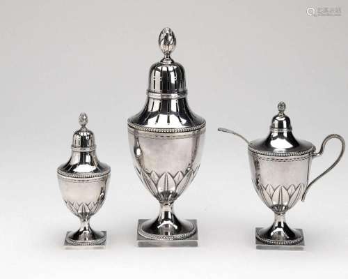 A Dutch silver set of two casters and a mustard pot