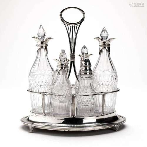 A Dutch silver and cut glass cruet set