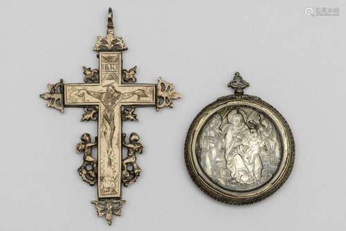 An Italian silver relic holder/crucifix and a silver and gil...