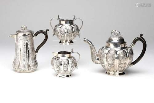 A fine Indian four-piece silver tea service with horn handle...