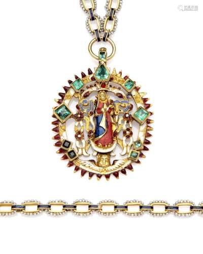 An antique enamel and gem set pendant on chain