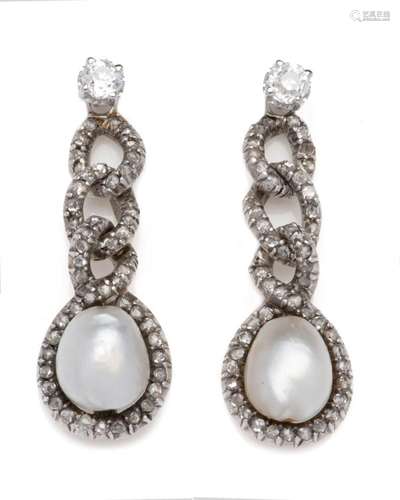 A pair of partly antique natural pearl and diamond earrings