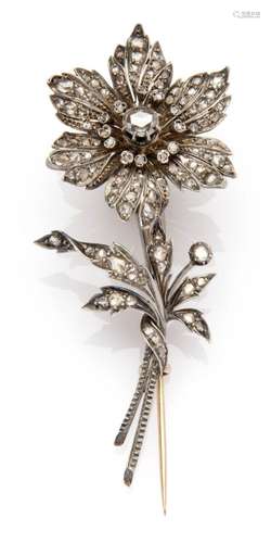 An antique 14k gold and silver diamond trembleuse flower bro...