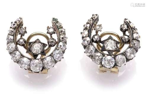 A pair of antique 14k gold and silver diamond earclips