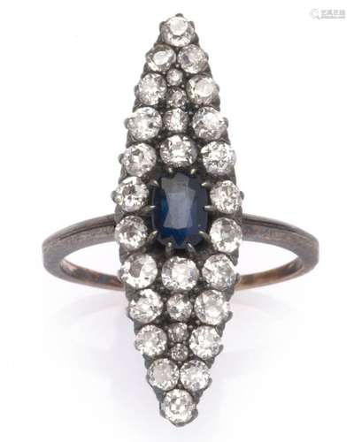 A 14k gold and silver sapphire and diamond ring