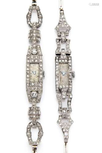 Two Art Deco platinum and 14k gold diamond wristwatches