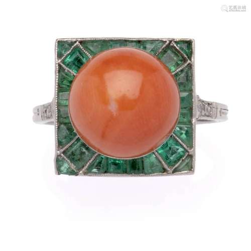 A platinum Art Deco coral and emerald dress ring