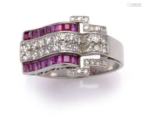 A retro platinum ruby and diamond ring