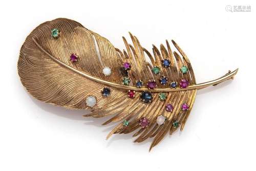 A 14k gold gem set feather brooch