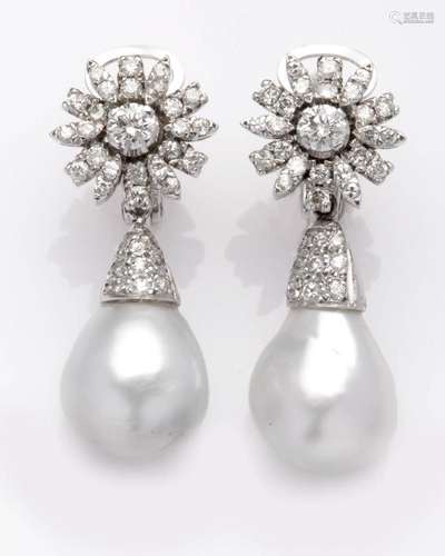 A pair of 14k white gold cultured pearl and diamond earrings