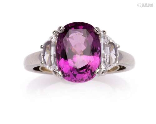 A platinum pink sapphire and diamond cluster ring, by Steltm...