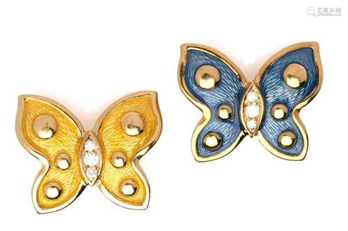 A pair of 18k gold enamelled diamond butterfly brooches, by ...