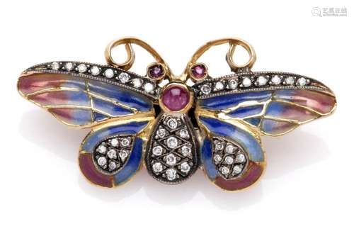 A 14k gold gem set butterfly brooch