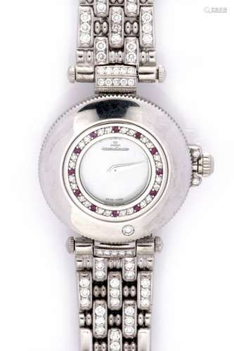 An 18k white gold lady s ruby and diamond wristwatch, by Jae...