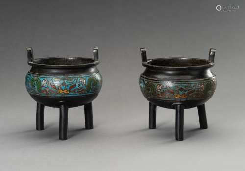 A PAIR OF CHAMPLEVE ENAMEL BRONZE TRIPOD CENSERS, QING DYNAS...