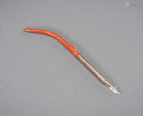 Ɏ A CORAL, SILVER, AND GOLD PEN, 19th CENTURY