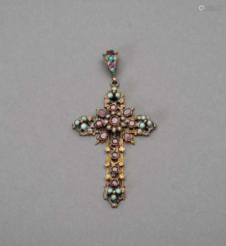 A RUBY, PEARL AND TURQUOISE INSET GILT SILVER CROSS PENDANT