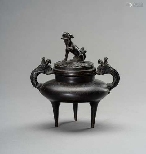 A MINIATURE BRONZE 'BUDDHIST LION' TRIPOD CENSER, ...