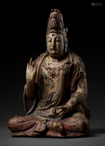 A POLYCHROME-PAINTED WOOD FIGURE OF GUANYIN, MING DYNASTY