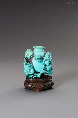 A MINIATURE TURQUOISE MATRIX 'BUDDHIST LION' VASE,...