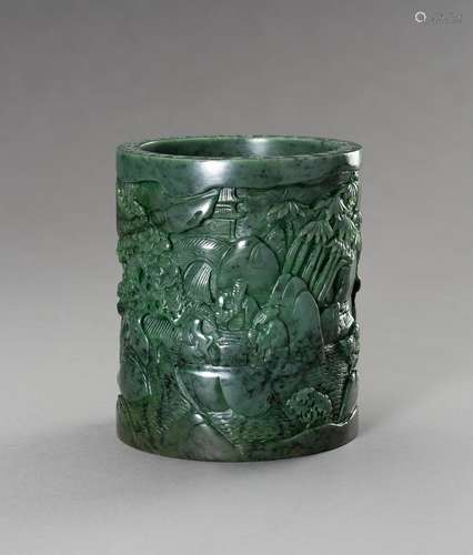 A LARGE DARK-GREEN HARDSTONE BRUSHPOT, 20TH CENTURY