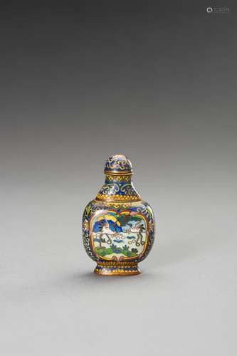 A CLOISONNE SNUFF BOTTLE WITH CRANES