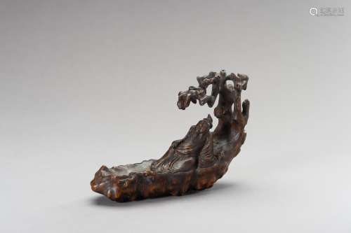 A CHENGXIANGMU ALOESWOOD CARVING OF A SAGE ON A RAFT, QING D...