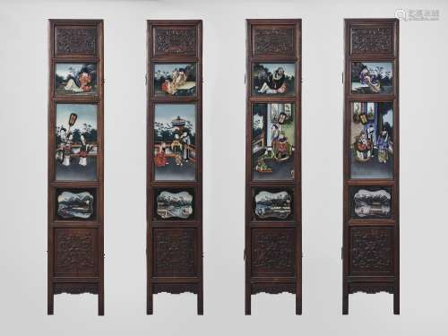 A HARDWOOD AND REVERSE GLASS PAINTED FOUR-PANEL SCREEN, QING