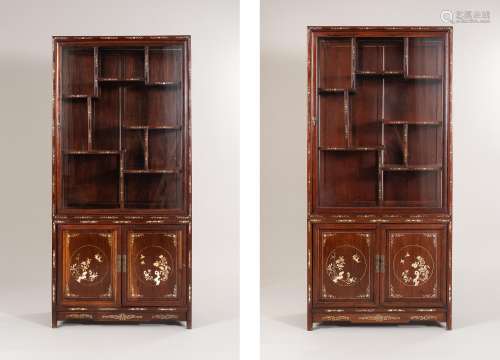 A PAIR OF MOTHER OF PEARL INLAID DISPLAY CABINETS, 1900s