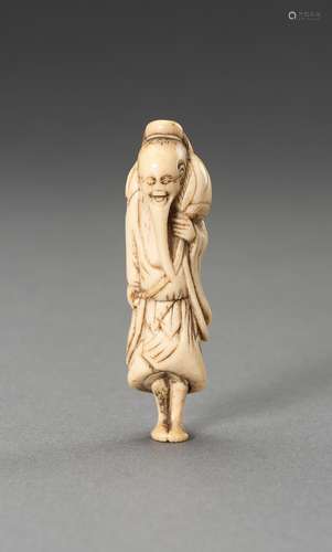 A STAG ANTLER NETSUKE OF TOBOSAKU SENNIN WITH PEACH