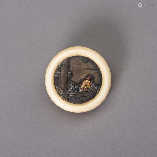 Ɏ AN IVORY AND MIXED METAL KAGAMIBUTA NETSUKE DEPICTING TWO ...