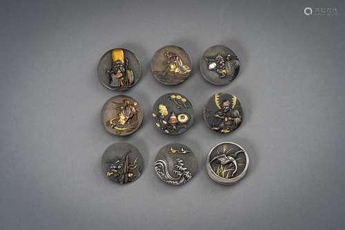 A SET OF NINE JAPANESE MIXED METAL KAGAMIBUTA BUTTONS