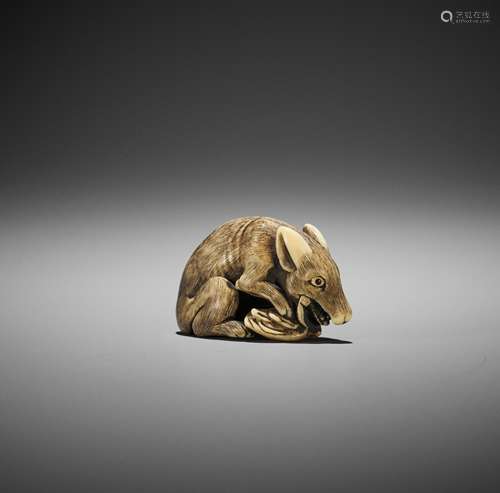 Ɏ OKATOMO: AN IVORY NETSUKE OF A WOLF WITH HAUNCH OF VENISON