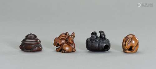 A GROUP OF FOUR WOOD NETSUKE OF ANIMALS