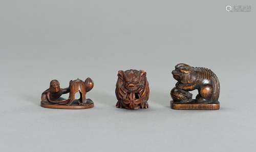 THREE WOOD NETSUKE OF MYTHICAL BEINGS