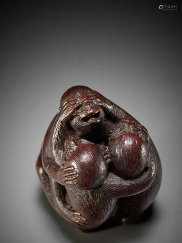 SHUGETSU: A FINE WOOD NETSUKE OF THE SAMBIKI SARU (THREE WIS...