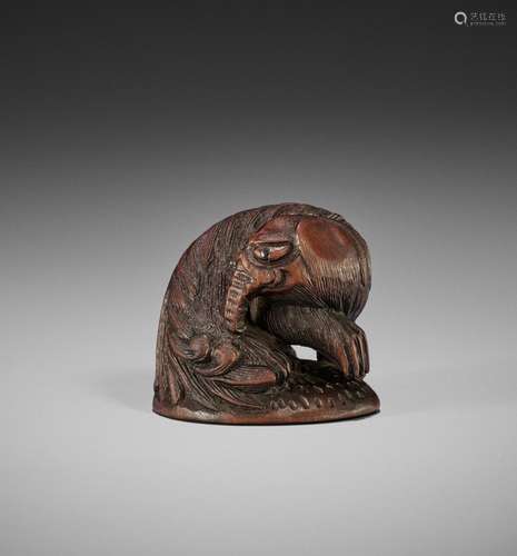 A RARE WOOD NETSUKE OF A BAKU