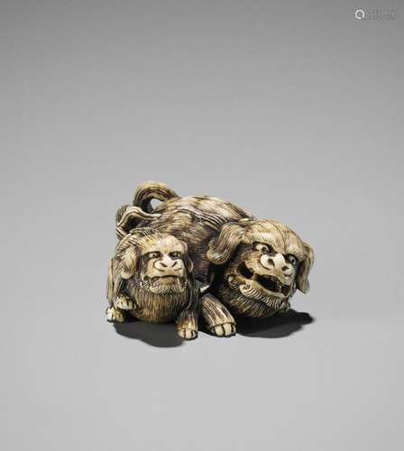 Ɏ AN IVORY NETSUKE OF A SHISHI AND CUB