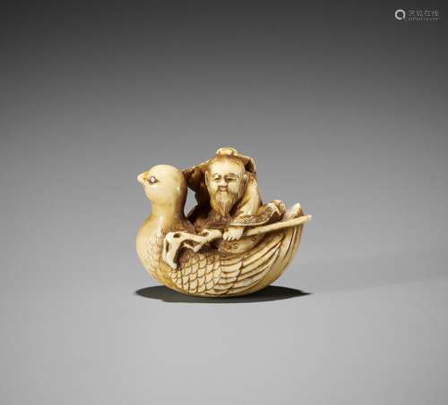 Ɏ JUGYOKU: A TOKYO SCHOOL IVORY NETSUKE OF JUROJIN RIDING A ...