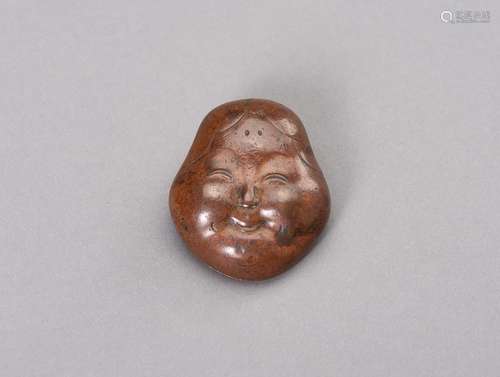 A COPPER MASK ASHTRAY NETSUKE OF OKAME