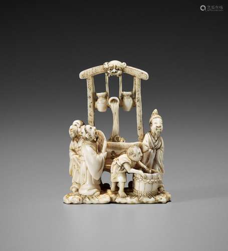 Ɏ MITSUCHIKA: AN IVORY NETSUKE-OKIMONO OF THREE SAGES AROUND...