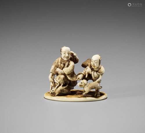 Ɏ MINKOKU IV: AN IVORY NETSUKE-OKIMONO OF TWO FARMERS WITH D...