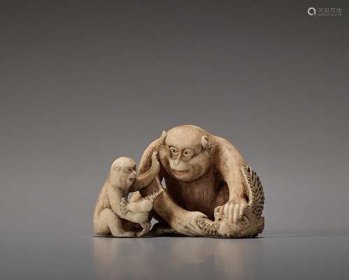 Ɏ AN IVORY NETSUKE OF A MONKEY TEACHING HIS YOUNG BY SEIGYOK...